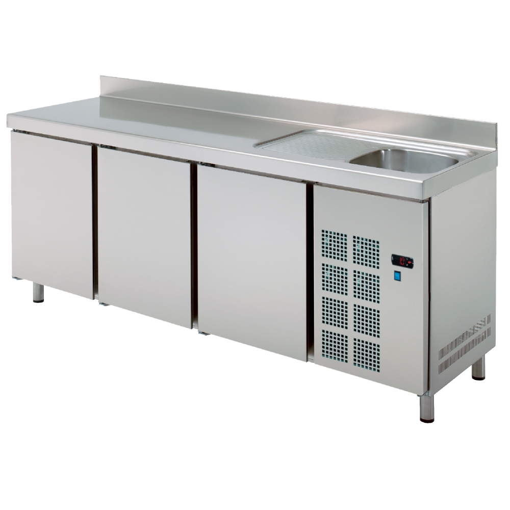 Cold table gn 1/1 3 doors and sink with drainer - 1800x700x850 mm - 190 W 230/1V - 72989509 Eurast