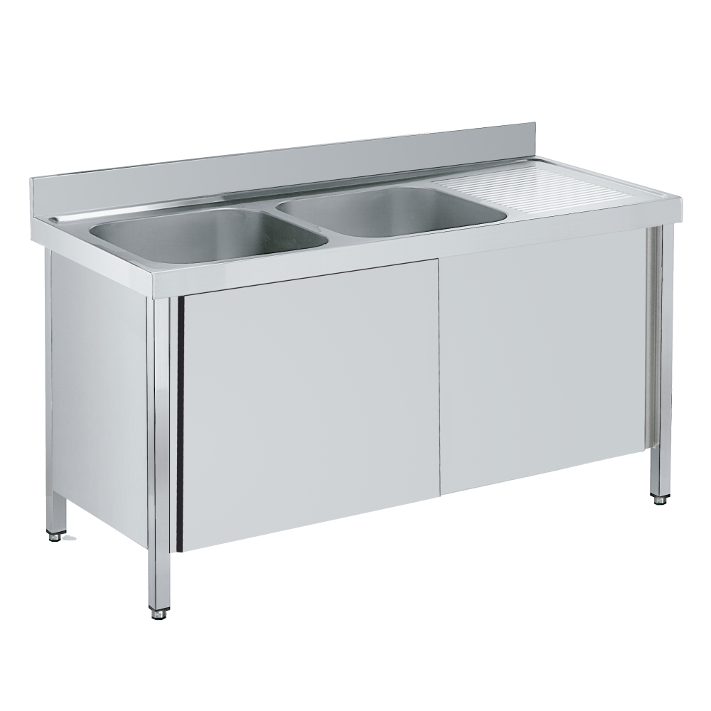 Sink with doors 1 shelf, 2 bowls 500x400x250 - 1600x600x850 mm - 2183D061 Eurast