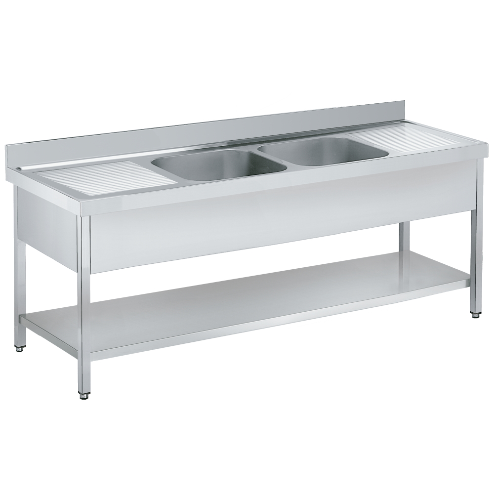 Eurast 22350G08 Sink with frame 1 shelf, 2 draineres 2 bowls 600x500x300 - 2400x700x850 mm