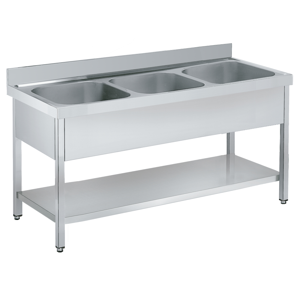 Eurast 2475817E Sink with frame 1 shelf, 3 bowls 500x500x300 - 1800x700x850 mm
