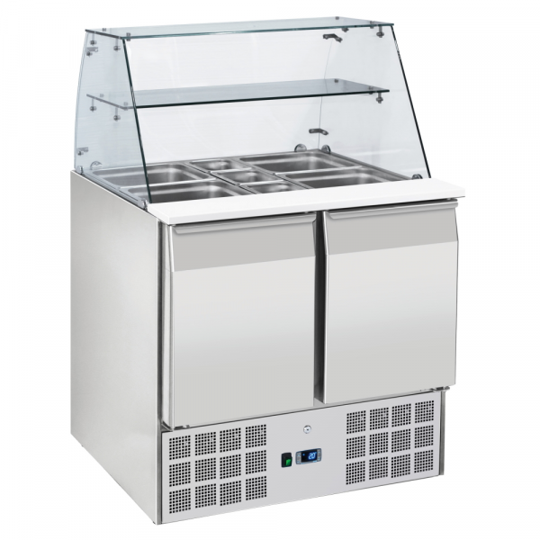 Salad prepation table with showcase 2 doors 2 gn 1/1 grates with pans - 900x700x1300 mm - 230 W 230/