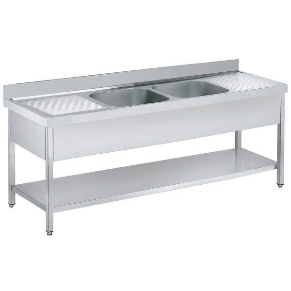 Sink with frame 1 shelf, 2 draineres 2 bowls 600x500x300 - 2200x700x850 mm - 2235227E Eurast