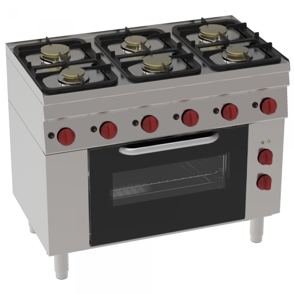 Gas cooker 6 burners 1 electric convection oven gn 1/1 - 1050x600x850 mm - 25,5 Kw + 2,5 Kw 230/1V -